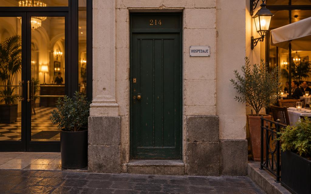Puerta verde pequeña con placa HOSPEDAJE en el edificio del restaurante, junto al hotel