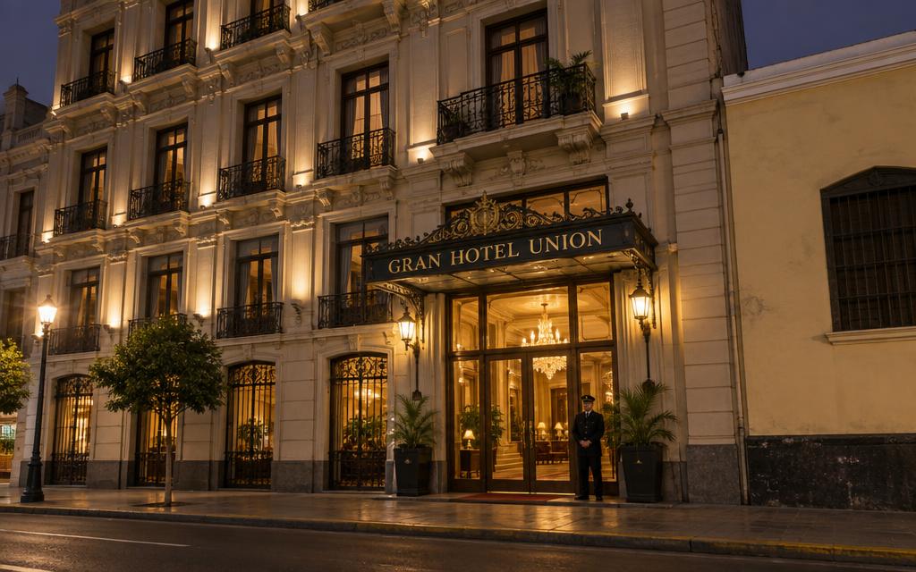 Fachada del Gran Hotel Unión: letrero dorado, puertas de vidrio y portero